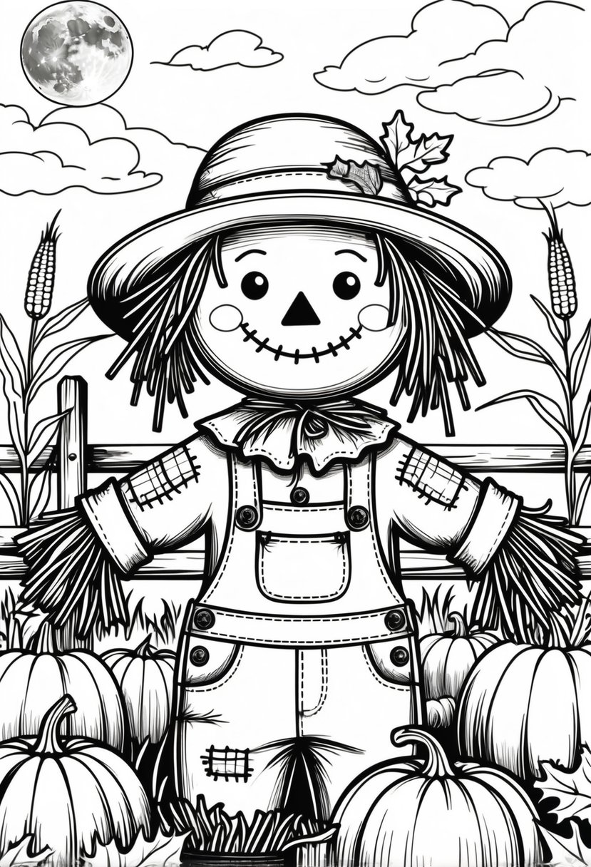Halloween Coloring Pages for Kids Featuring 16 Cute and Friendly Characters and Scenes 29 A scarecrow with a happy face standing in a pumpkin patch surrounded by pumpkins, autumn leaves, a wooden fence, cornstalks, and a full moon in the background.